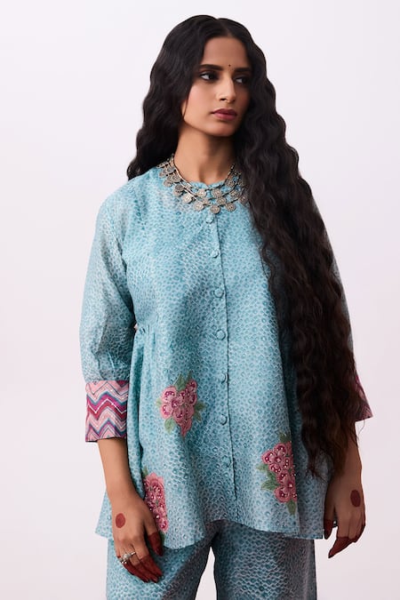 Pants And Pajamas Blue Chanderi Embroidery Round Neck Top And Pant Set Online at Aza Fashions Pants And Pajamas_Blue Chanderi Embroidery Round Neck Top And Pant Set _Online_at_Aza_Fashions
