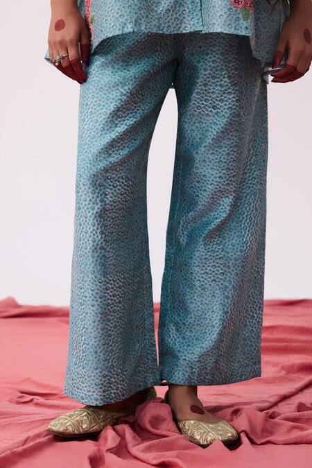 Buy Pants And Pajamas Blue Chanderi Embroidery Round Neck Top And Pant Set Online at Aza Fashions Buy_Pants And Pajamas_Blue Chanderi Embroidery Round Neck Top And Pant Set _Online_at_Aza_Fashions