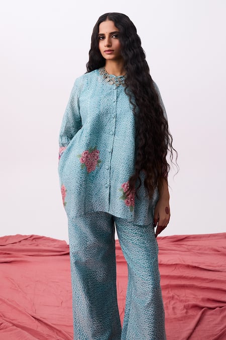 Pants And Pajamas Blue Chanderi Embroidery Round Neck Top And Pant Set
