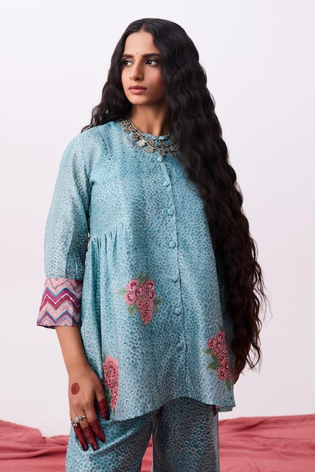 Buy_Pants And Pajamas_Blue Cotton Embroidery Collared Floral Tunic And Slip Set _Online_at_Aza_Fashions