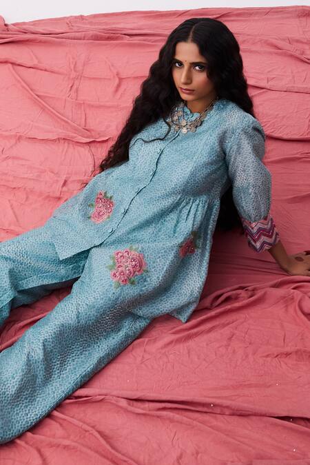 Shop_Pants And Pajamas_Blue Cotton Embroidery Collared Floral Tunic And Slip Set _Online_at_Aza_Fashions