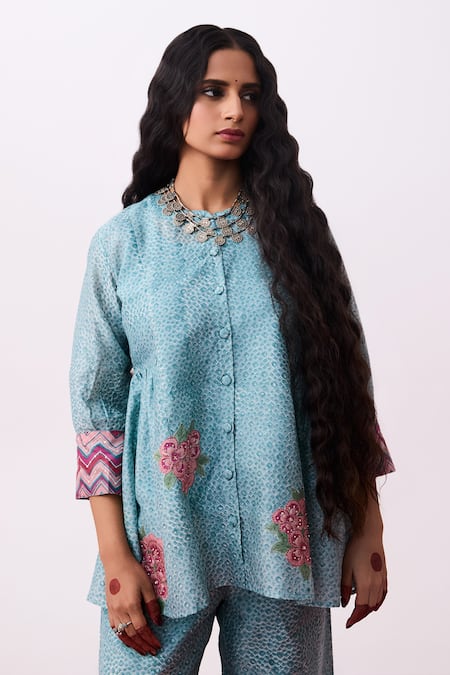 Pants And Pajamas_Blue Cotton Embroidery Collared Floral Tunic And Slip Set _at_Aza_Fashions