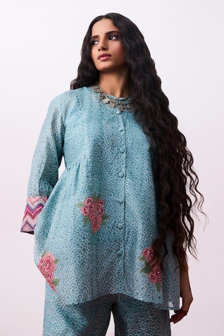 Pants And Pajamas Blue Cotton Embroidery Collared Floral Tunic And Slip Set 