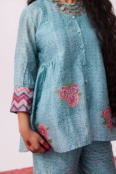 Buy_Pants And Pajamas_Blue Cotton Embroidery Collared Floral Tunic And Slip Set 