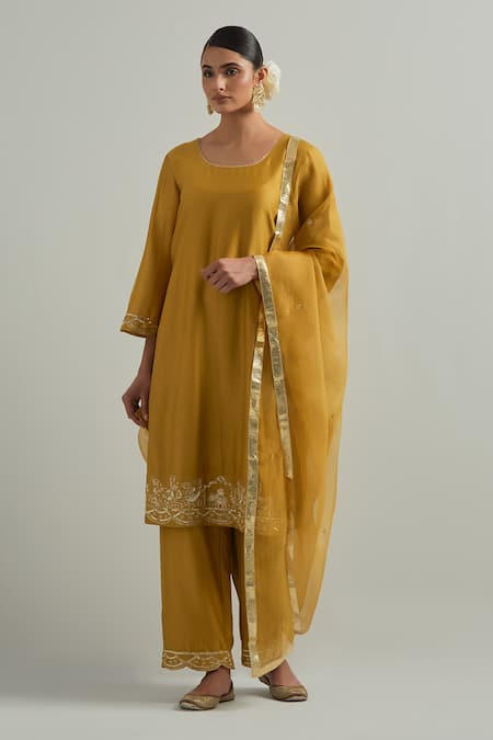 Ikshita Choudhary Yellow Chanderi, Organza Embroidery Square Neck Mustard Hand Kurta Set 