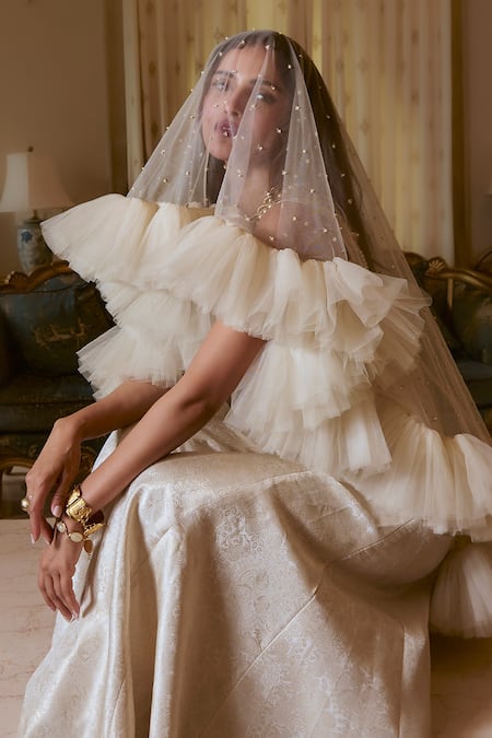 Paulmi And Harsh_Ivory Brocade Chains Round Neck Jacquard Flared Jumpsuit _Online_at_Aza_Fashions