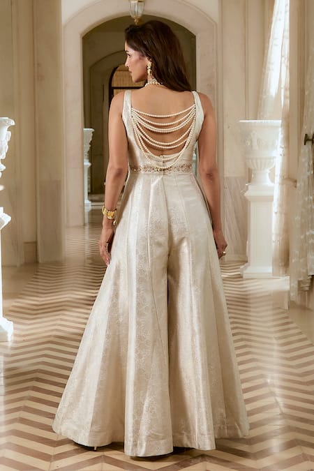 Paulmi And Harsh Ivory Jacquard Flared Jumpsuit 