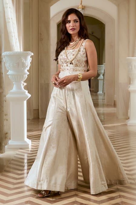 Shop_Paulmi And Harsh_Ivory Brocade Chains Round Neck Jacquard Flared Jumpsuit _Online_at_Aza_Fashions