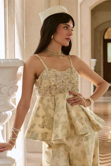 Paulmi And Harsh_Ivory Jacquard Zari Sweetheart Neck Hand-embroidered Peplum Top And Trouser Set _Online_at_Aza_Fashions