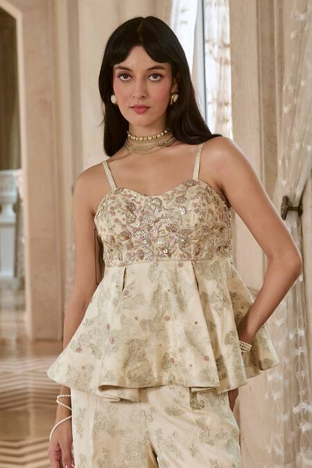 Buy_Paulmi And Harsh_Ivory Jacquard Zari Sweetheart Neck Hand-embroidered Peplum Top And Trouser Set _Online_at_Aza_Fashions