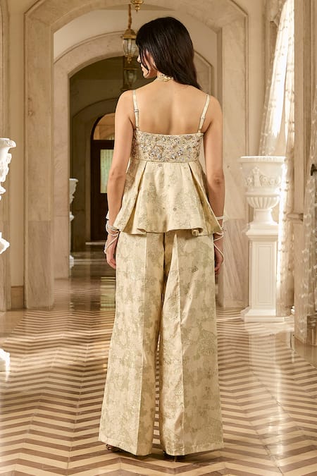 Paulmi And Harsh Ivory Hand-Embroidered Peplum Top & Trouser Set