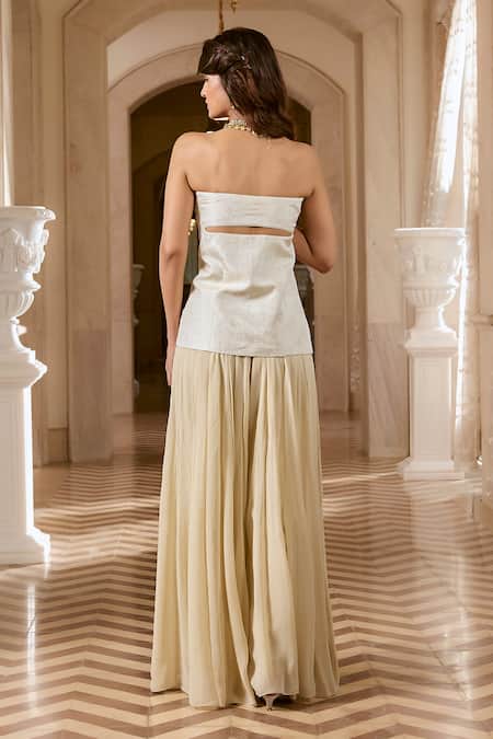 Shop_Paulmi And Harsh_Ivory Jacquard, Shantoon, Georgette Embroidery Corset Kurta And Sharara Set _at_Aza_Fashions