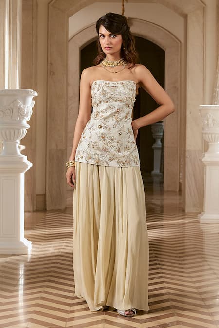 Paulmi And Harsh Ivory Jacquard, Shantoon, Georgette Embroidery Corset Kurta And Sharara Set