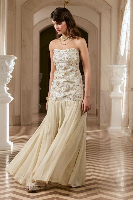Paulmi And Harsh_Ivory Jacquard, Shantoon, Georgette Embroidery Corset Kurta And Sharara Set _Online_at_Aza_Fashions
