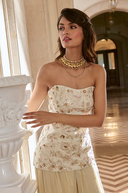 Buy_Paulmi And Harsh_Ivory Jacquard, Shantoon, Georgette Embroidery Corset Kurta And Sharara Set _Online_at_Aza_Fashions
