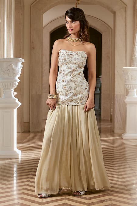 Shop_Paulmi And Harsh_Ivory Jacquard, Shantoon, Georgette Embroidery Corset Kurta And Sharara Set _Online_at_Aza_Fashions