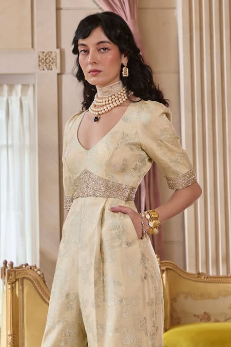 Paulmi And Harsh_Ivory Jacquard, Shantoon Embroidery V-neck Jumpsuit _Online_at_Aza_Fashions