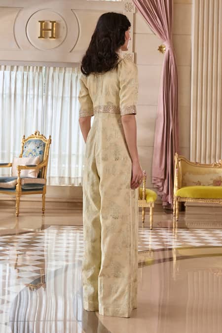Paulmi And Harsh Embroidered Ivory Jacquard Jumpsuit 