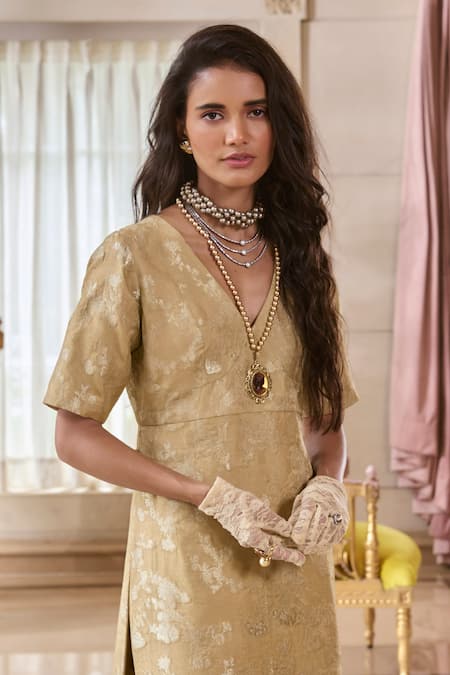 Paulmi And Harsh_Beige Jacquard, Shantoon V-neck Chicory Kurta And Palazzo Set _Online_at_Aza_Fashions