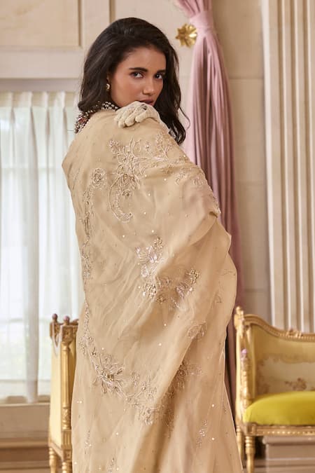 Buy_Paulmi And Harsh_Beige Jacquard, Shantoon V-neck Chicory Kurta And Palazzo Set _Online_at_Aza_Fashions