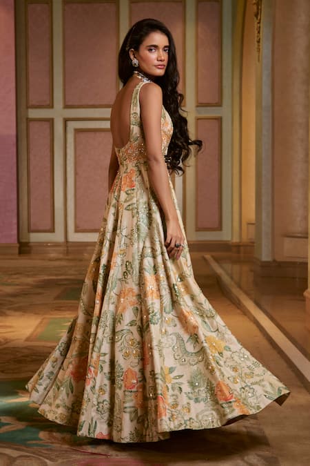Shop Paulmi And Harsh Ivory Organza Embroidery Round Neck Floral Printed Anarkali With Dupatta at Aza Fashions Shop_Paulmi And Harsh_Ivory Organza Embroidery Round Neck Floral Printed Anarkali With Dupatta _at_Aza_Fashions
