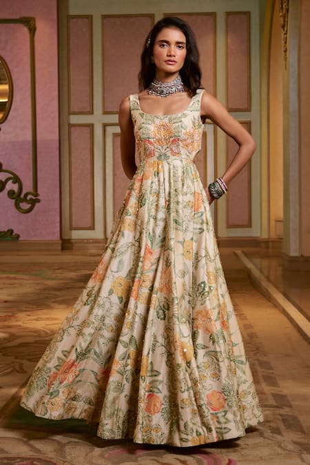 Shop Paulmi And Harsh Ivory Organza Embroidery Round Neck Floral Printed Anarkali With Dupatta Online at Aza Fashions Shop_Paulmi And Harsh_Ivory Organza Embroidery Round Neck Floral Printed Anarkali With Dupatta _Online_at_Aza_Fashions