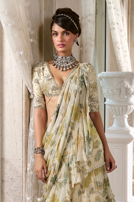 Shop Paulmi And Harsh Ivory Chiffon Embroidery V-neck Floral Pre-draped Saree Set Online at Aza Fashions Shop_Paulmi And Harsh_Ivory Chiffon Embroidery V-neck Floral Pre-draped Saree Set _Online_at_Aza_Fashions