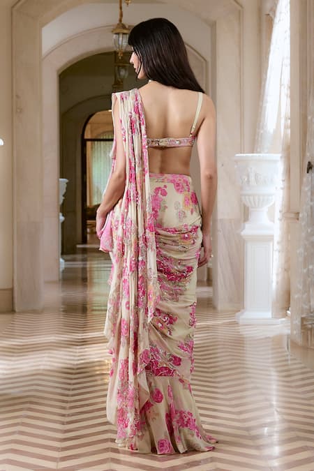 Paulmi And Harsh Ivory Floral Pre-Draped Chiffon Saree Set 