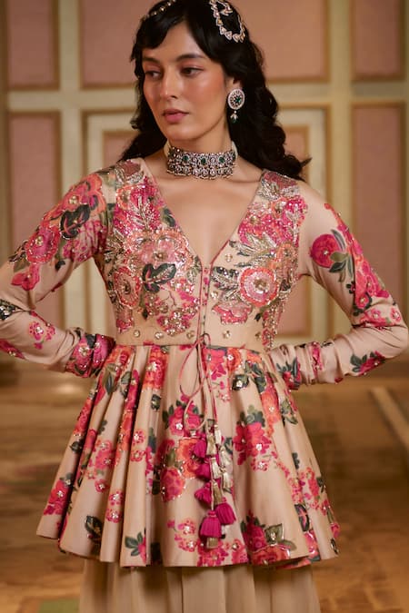 Buy_Paulmi And Harsh_Beige Georgette, Shantoon Embroidery V-neck Chicory Floral Peplum Kurta Set _Online_at_Aza_Fashions