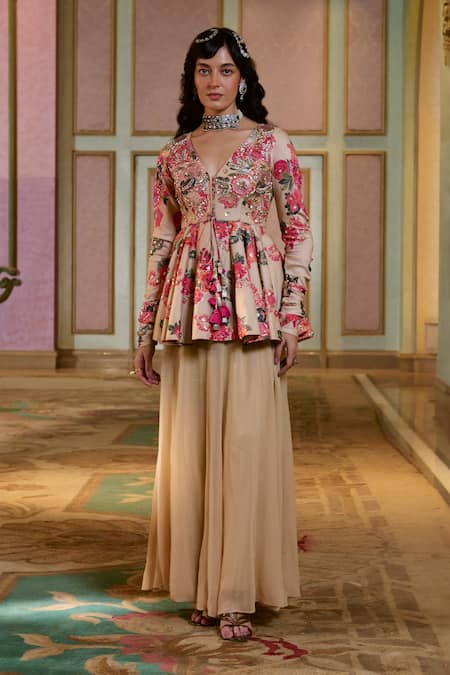 Paulmi And Harsh Chicory Beige Floral Peplum Kurta Set 