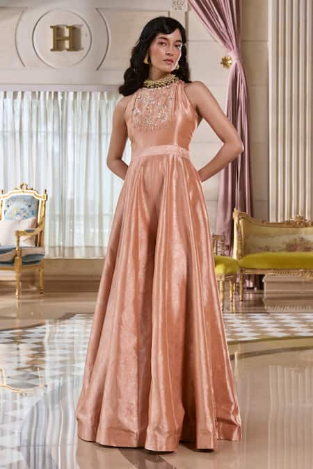 Paulmi And Harsh Pink Jacquard, Shantoon Beads Round Neck Rose Bud Flared Jumpsuit Online at Aza Fashions Paulmi And Harsh_Pink Jacquard, Shantoon Beads Round Neck Rose Bud Flared Jumpsuit _Online_at_Aza_Fashions