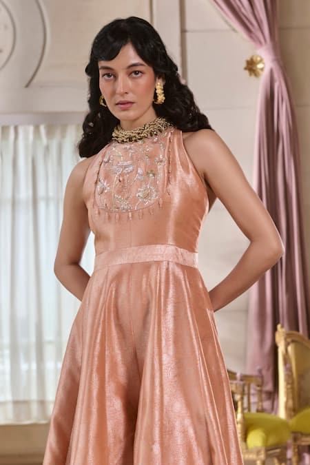 Buy Paulmi And Harsh Pink Jacquard, Shantoon Beads Round Neck Rose Bud Flared Jumpsuit Online at Aza Fashions Buy_Paulmi And Harsh_Pink Jacquard, Shantoon Beads Round Neck Rose Bud Flared Jumpsuit _Online_at_Aza_Fashions