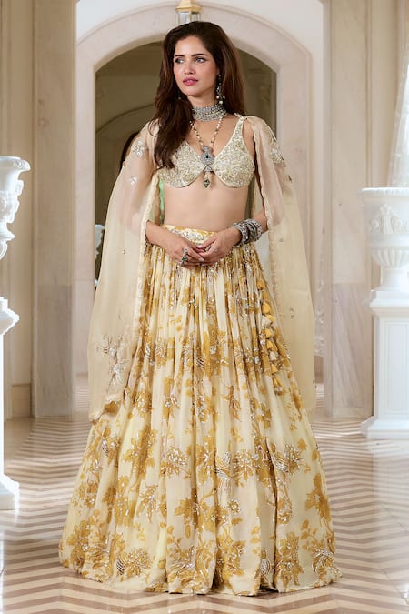 Paulmi And Harsh_Ivory Organza Embroidery V-neck Floral Lehenga Set _at_Aza_Fashions