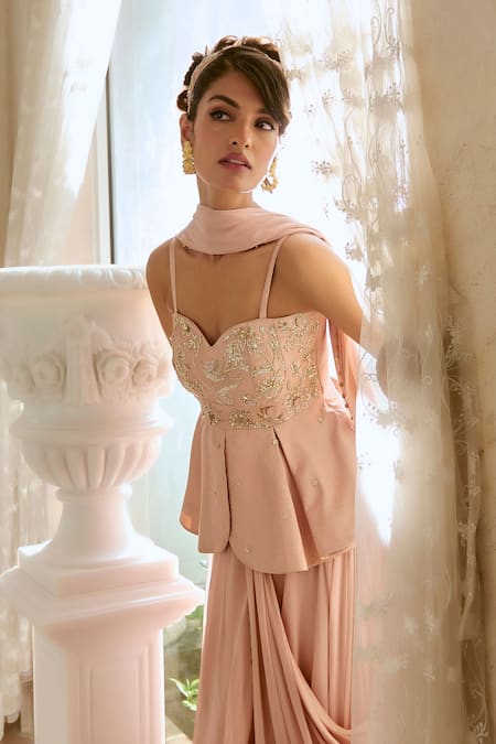 Buy_Paulmi And Harsh_Pink Jacquard, Shantoon, Georgette Flamingo Peplum Pre-draped Saree Set _Online_at_Aza_Fashions