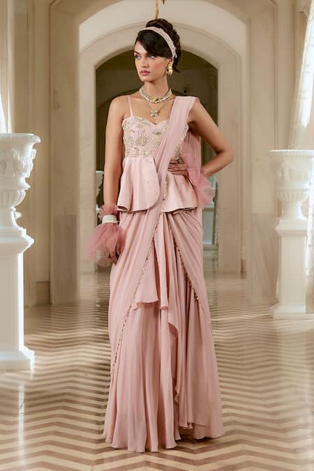 Paulmi And Harsh Pink Jacquard, Shantoon, Georgette Flamingo Peplum Pre-draped Saree Set