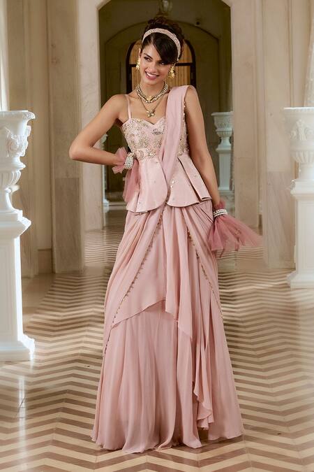 Buy_Paulmi And Harsh_Pink Jacquard, Shantoon, Georgette Flamingo Peplum Pre-draped Saree Set 