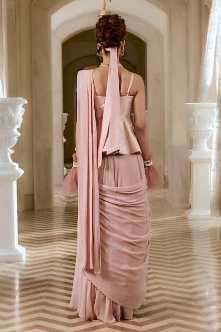 Paulmi And Harsh Flamingo Pink Peplum Pre-Draped Saree Set 