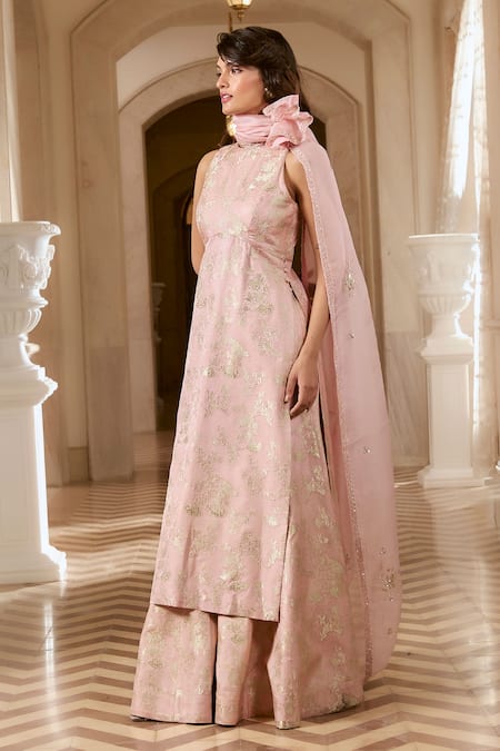 Paulmi And Harsh Pink Jacquard, Satin, Organza Embroidery High Flamingo Kurta And Palazzo Set