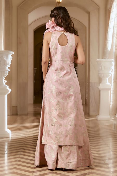 Shop Paulmi And Harsh Pink Jacquard, Satin, Organza Embroidery High Flamingo Kurta And Palazzo Set at Aza Fashions Shop_Paulmi And Harsh_Pink Jacquard, Satin, Organza Embroidery High Flamingo Kurta And Palazzo Set _at_Aza_Fashions