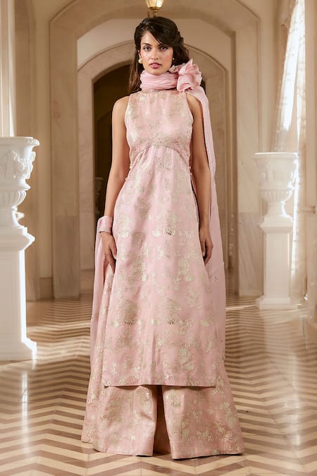 Paulmi And Harsh Pink Jacquard High Neck Flamingo Kurta And Palazzo Set 