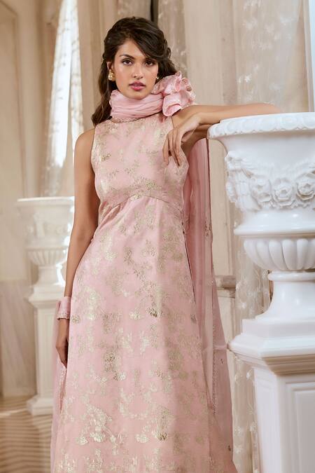 Buy_Paulmi And Harsh_Pink Jacquard High Neck Flamingo Kurta And Palazzo Set _Online_at_Aza_Fashions