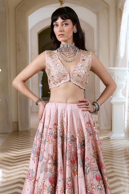 Shop Paulmi And Harsh Pink Organza Sequins, Embroidery Lehenga Set Online at Aza Fashions Shop_Paulmi And Harsh_Pink Organza Sequins, Embroidery Lehenga Set _Online_at_Aza_Fashions