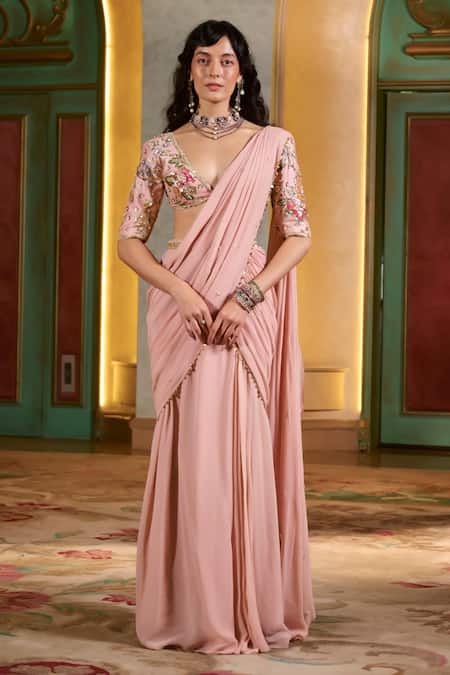Paulmi And Harsh Pink Georgette Embroidery Floral Printed Blouse And Pre-draped Chiffon Saree Set