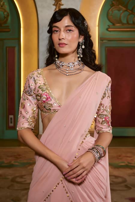 Shop_Paulmi And Harsh_Pink Georgette Embroidery Floral Printed Blouse And Pre-draped Chiffon Saree Set _Online_at_Aza_Fashions
