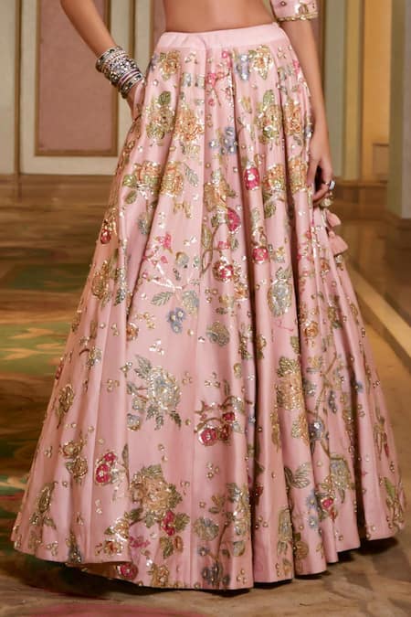 Paulmi And Harsh_Pink Organza Embroidery V-neck Floral Lehenga Set _at_Aza_Fashions
