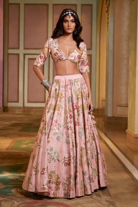 Buy_Paulmi And Harsh_Pink Organza Embroidery V-neck Floral Lehenga Set 