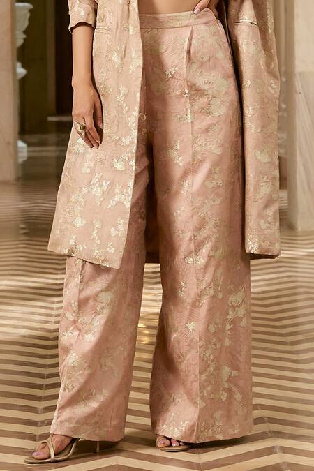 Paulmi And Harsh_Peach Jacquard Embroidery, Beads Round Neck Mocha Blush Co-ord Set _at_Aza_Fashions