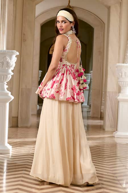 Shop Paulmi And Harsh Ivory Georgette Embroidery V-neck Peplum Top And Palazzo Set Online at Aza Fashions Shop_Paulmi And Harsh_Ivory Georgette Embroidery V-neck Peplum Top And Palazzo Set _Online_at_Aza_Fashions