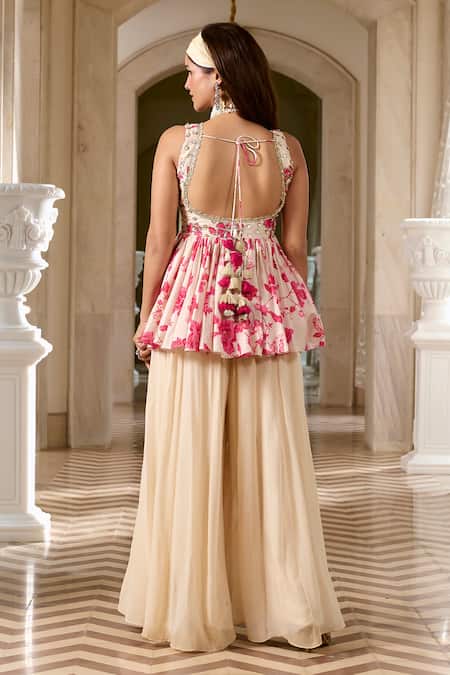 Paulmi And Harsh Ivory Peplum Top & Palazzo Set 