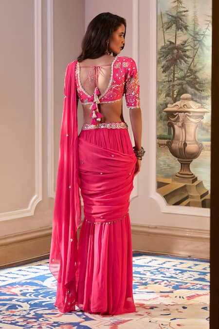 Paulmi And Harsh Hot Pink Pre-Draped Chiffon Saree Set 